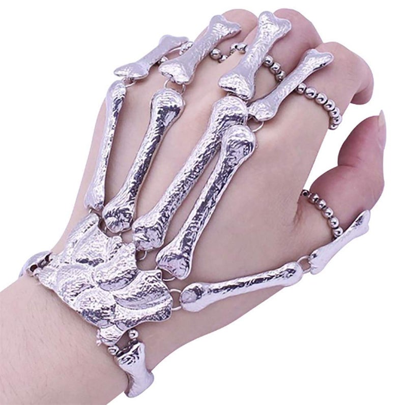 Sither Cathercing Halloween Wristband Skull Fingers Metal Skeleton Hand Bracelet with Ring for Women and Men on Party(silver) - Image 1